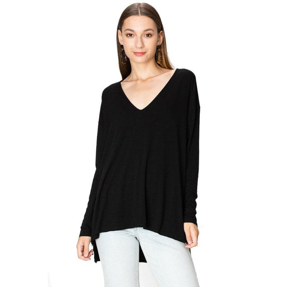Elena Top Black Solid V-Neck Long Sleeves